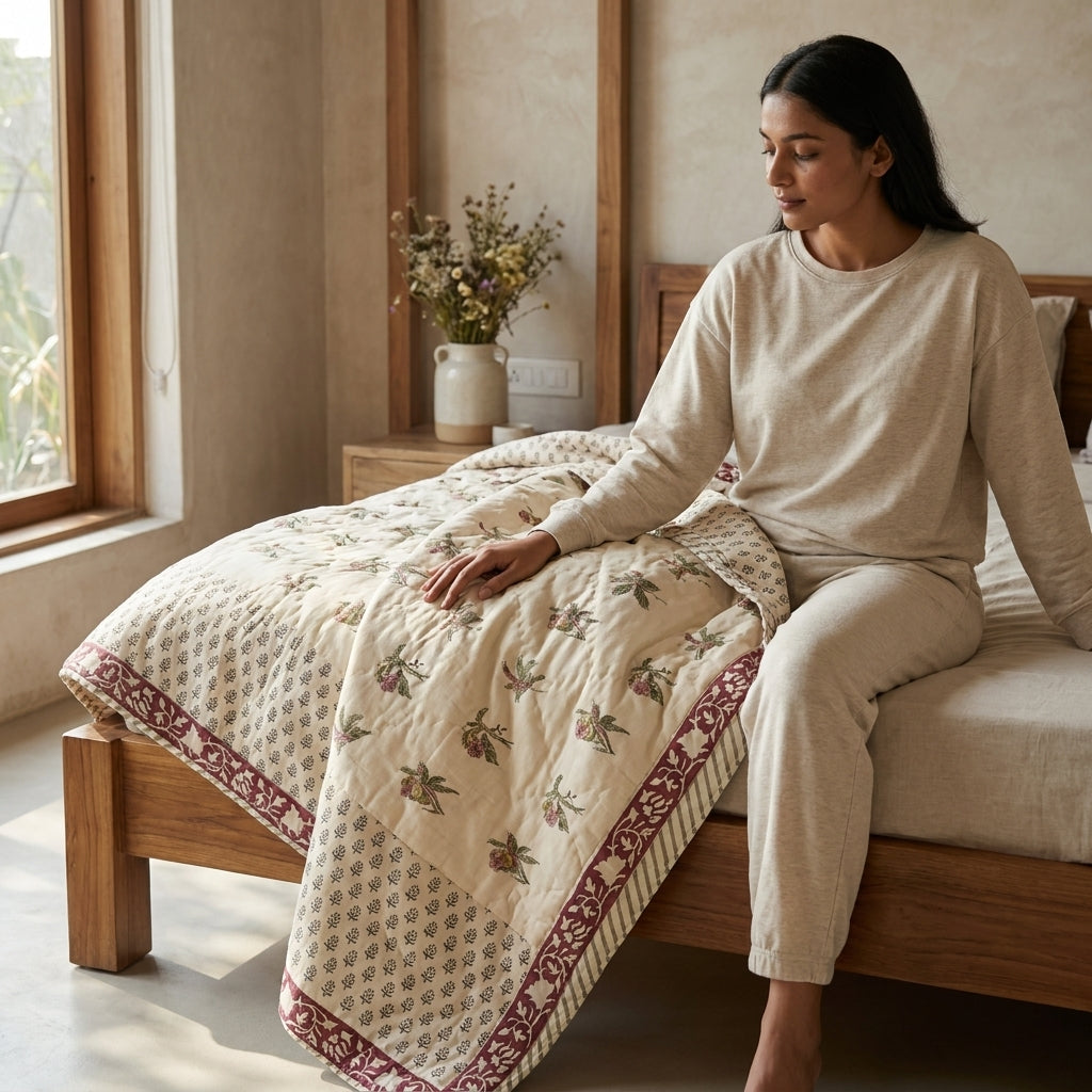 Woman sitting on a bed with a handcrafted block printed quilt by Pinai