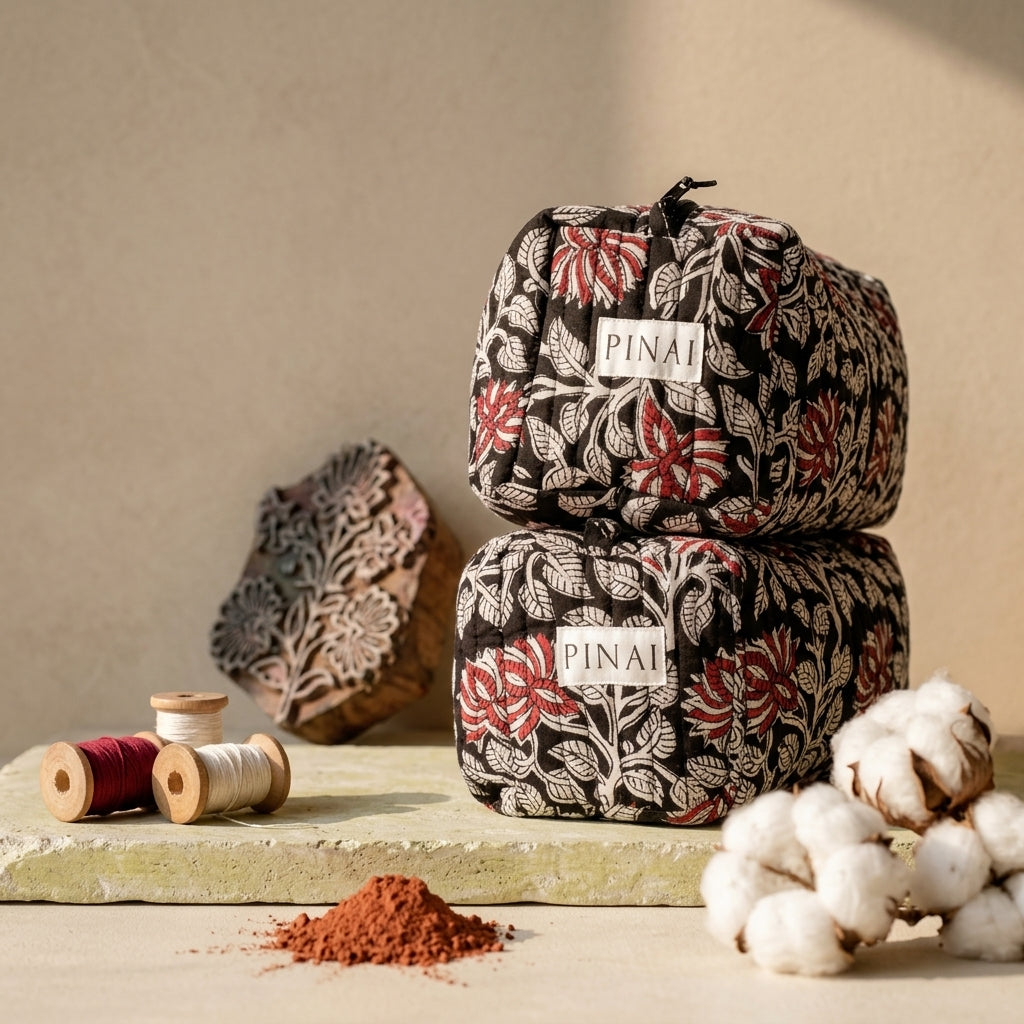 Two patterned bags with Pinai branding on a wooden surface with cotton and spices.