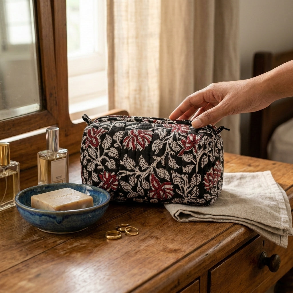 Person opening a floral-patterned makeup bag on a wooden surface with various items around.