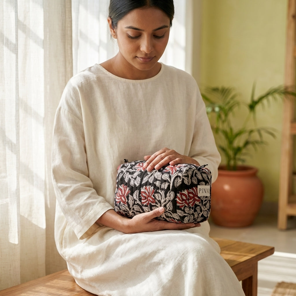 Woman holding a patterned pouch with a plant and window in the background
